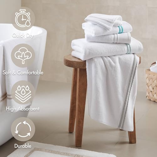 Madison Park Roan Border Cotton Bath Towel Set Absorbent, 6 Piece, Aqua | Microfiber, Soft Pile, Machine Washable, OEKO-TEX Certified, Plush Bathroom Mat, Non Slip TPR Backing - color: Aqua