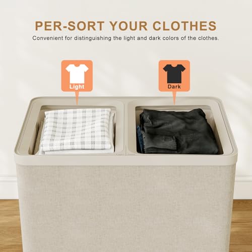 Double Laundry Hamper with Lid, 150L Large Laundry Basket 2 Compartments | Gasvadivum Dirty Clothes Hamper 2 Section with Portable Liner Bags and Handles for Laundry Room, Bedroom, Easy Assembly,Beige - color: Beige
