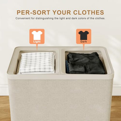 Double Laundry Hamper with Lid, 150L Large Laundry Basket 2 Compartments | Gasvadivum Dirty Clothes Hamper 2 Section with Portable Liner Bags and Handles for Laundry Room, Bedroom, Easy Assembly,Beige - color: Beige