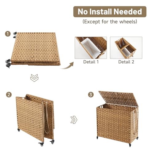Laundry Hamper with Wheels, 34.3 Gallon(130L) Rolling Laundry Basket with Lid, Removable Large 2 Color Liners & 3 Mesh Laundry Bags, Clothes Hamper with Side Pocket, Natural - color: Natural, size: 23.62"L x 15.75"W x 21.65"H