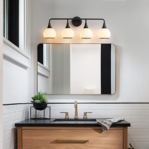 Black Bathroom Light Fixtures 4-Lights Vanity Lights with Milky White Frosted Glass Shade Bathroom Vanity Light 30.7 inch Wall Sconce Lighting Bath(Exclude E26 Bulb) - color: Black, size: 4 Light