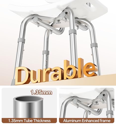 SOUNDFUSE Shower Chair for Inside Shower with Back, Tool-Free Assembly, Height Adjustble Shower Seat with EVA Cushion and Non-Slip Feet, Support Up to 350 lbs, Grey