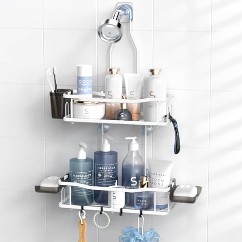 Hanging Shower Caddy Over Shower Head - No Drill Rustproof Shower Rack | Includes Soap Holder and Hooks for Shampoo, Conditioner, and Bathroom Essentials with Stable Storage in Any Shower Space - color: White