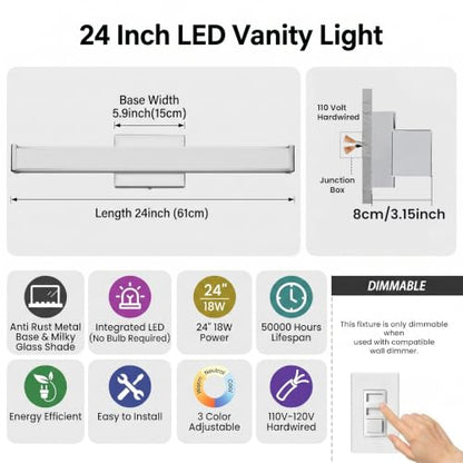 URSOLA 24" Modern LED Bathroom Light Fixtures, Chrome 3CCT Dimmable Bathroom Vanity Light Over Mirror, Bathroom Vanity Bath Bar Lights with Double Layer Acrylic Shade - color: Chrome, size: 24inch