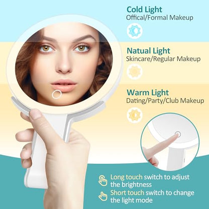 30x/1x Magnifying Travel Mirror with Light, Double-Sided Rechargeable Adjustable Brightness 3 Colour Lighting, Folding, Handheld/Hangable/Tabletop, 3 Ways Using Mirror, White - color: White-travel