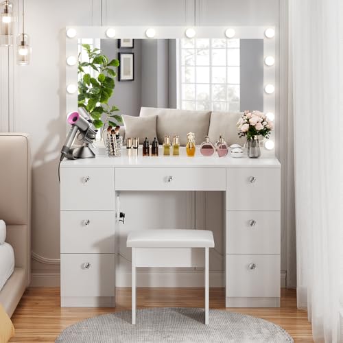 VOWNER Vanity with Lighted Mirror - Makeup Vanity Desk with Power Outlet and 7 Drawers, 3 Color Lighting Modes Adjustable Brightness, 44" Vanity Table with Soft Cushioned Stool for Women Girls, White - color: White