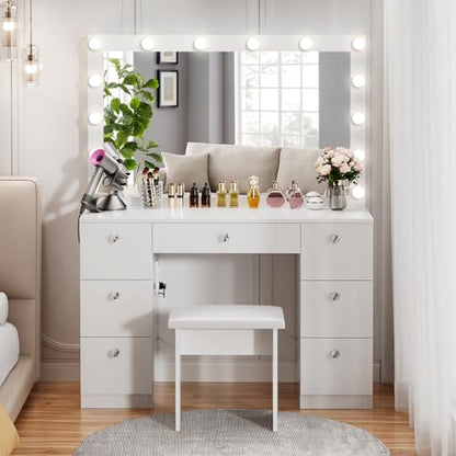 VOWNER Vanity with Lighted Mirror - Makeup Vanity Desk with Power Outlet and 7 Drawers, 3 Color Lighting Modes Adjustable Brightness, 44" Vanity Table with Soft Cushioned Stool for Women Girls, White - color: White