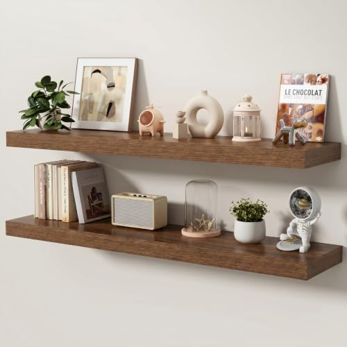 Floating Shelves for Wall, 48 Inch x 8 Inch Deep Wall Mounted Wood Shelf with Invisible Brackets for Storage & Display, Living Room Bedroom Kitchen, Walnut, Set of 2 - color: Walnut, size: 48 Inch, Set of 2