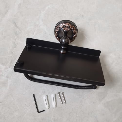 Oil Rubble Bronze Brass Bath Toilet Paper Holder with Phone Shelf, Wall Mounted Black Bathroom Hardware Accessories, Pattern Carving Design - color: Toilet Paper Holder With Shelf
