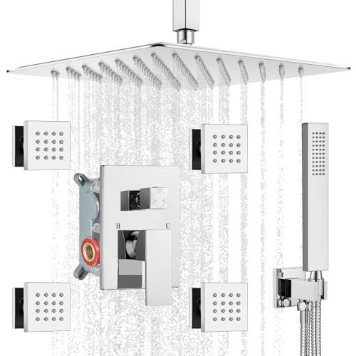 gotonovo Ceiling Shower System with 4pcs Full Body Jets,Polished Chrome | SUS304 12’’ Rain Shower Head with Handheld Spray,Brass Body Message Jets,Ceiling Mount,Rough-in Valve and Trim Kit,All Metal - color: Chrome