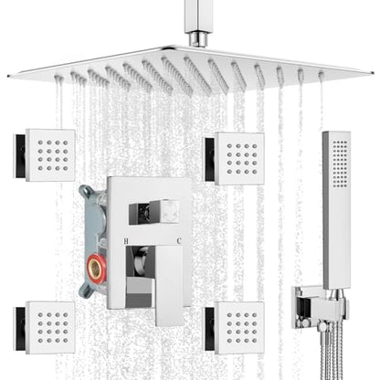 gotonovo Ceiling Shower System with 4pcs Full Body Jets,Polished Chrome | SUS304 12’’ Rain Shower Head with Handheld Spray,Brass Body Message Jets,Ceiling Mount,Rough-in Valve and Trim Kit,All Metal - color: Chrome