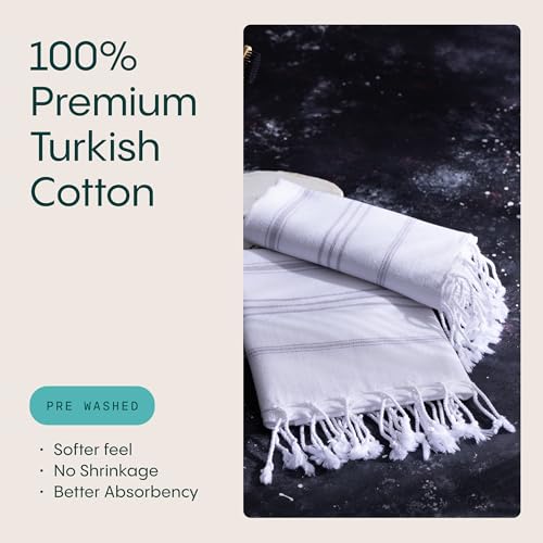 WETCAT Turkish Hand Towels with Hanging Loop, Set of 2 (20" x 30") 100% Turkish Cotton, Pre-Washed, Quick Drying, for Kitchen or Bathroom - Grey & White - color: Grey & White