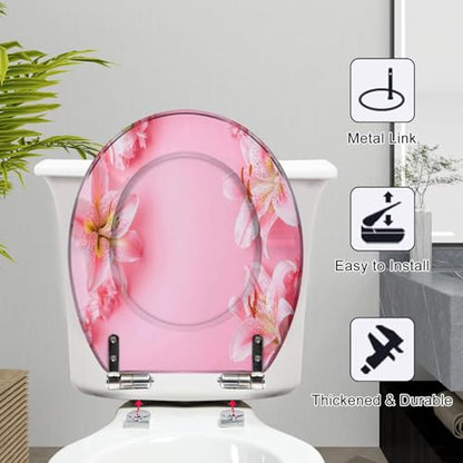 Round Toilet Seat Flowers composition Pink white flowers pastel pink Flat lay top view Resin Toilet Seat Slow Quiet Close with Quick-Release Hinges Toilet Seat with Cover Easy to Clean Install - color: Multi2, size: 16.5"x14.5"