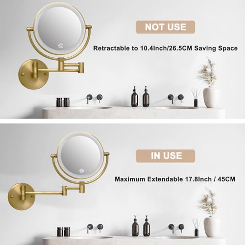 8" Lighted Make up Mirror Wall Mounted 10X Magnifying Hardwired | Double Side 3 Color Lighting Touch Dimming, Bathroom 360 Swivel Extended Arm Light up Vanity Shaving, Brushed Antique Brass - color: Antique Brass