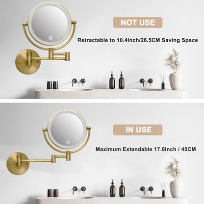 8" Lighted Make up Mirror Wall Mounted 10X Magnifying Hardwired | Double Side 3 Color Lighting Touch Dimming, Bathroom 360 Swivel Extended Arm Light up Vanity Shaving, Brushed Antique Brass - color: Antique Brass