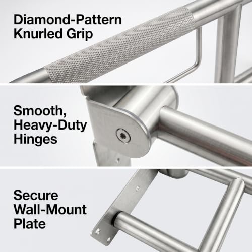Flip Up Grab Bar, Fold Down Stainless Steel Handicap Grab Bars for Toilet with Knurled Surface, Swing Up Toilet Rails, 90 Degree Bathroom Safety Frame for Seniors, Shower & Tile Wall
