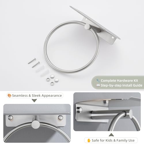 Hand Towel Ring with Shelf, Brushed Nickel, 304 Stainless Steel | 8.07-Inch Storage Surface, Rear Retaining Lip, 180° Rotation, Toiletry Storage, Concealed Screw Mounting, Bathroom Remodels - color: Brushed Nickel
