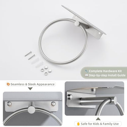 Hand Towel Ring with Shelf, Brushed Nickel, 304 Stainless Steel | 8.07-Inch Storage Surface, Rear Retaining Lip, 180° Rotation, Toiletry Storage, Concealed Screw Mounting, Bathroom Remodels - color: Brushed Nickel
