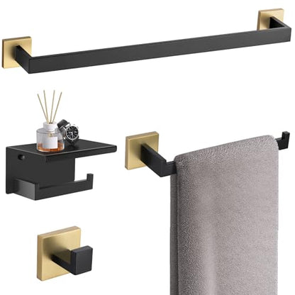 TURS 4-Piece Bathroom Hardware Set Brushed Gold and Black Towel Bar Set Include Towel Bar Hand Towel Holder Toilet Paper Holder with Shelf Robe Hook Stainless Steel Bathroom Accessories Sets - color: Black&gold, size: Set A