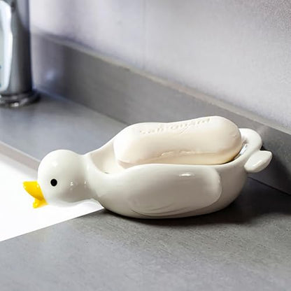 Cute Ceramic Soap Dish Self Draining Adorable Duck Shaped Kitchen Sink Soap Organizer for Bathroom Quick Drying Soap Holders - color: White Duck-1