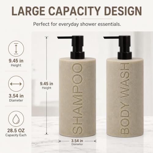 Resin 2 Pack Shampoo, Conditioner or Body Wash Dispenser Set, Luxurious Refillable Pump Bottles with Matte Pump Top and Embossed Text, Durable Design for Bathroom and Shower - color: Tan Shampoo & Body Wash