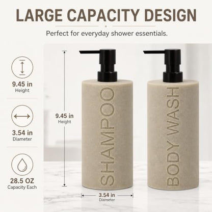 Resin 2 Pack Shampoo, Conditioner or Body Wash Dispenser Set, Luxurious Refillable Pump Bottles with Matte Pump Top and Embossed Text, Durable Design for Bathroom and Shower - color: Tan Shampoo & Body Wash
