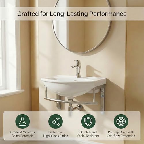 Renovators Supply Manufacturing Ridge 17 3/4 Inch Small Wall Mount Bathroom Sink Combo Grade A Vitreous China Solid Brass Faucet, Pop Up Drain & Stainless Steel Towel Bar in Chrome Finish, Overflow - color: Chroem