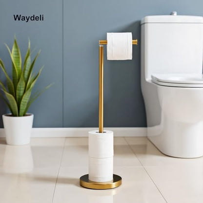 Toilet Paper Holder Gold, Freestanding Toilet Paper Holder Stand with Reserve for 4 Spare Rolls, Sturdy Base, Toilet Tissue Paper Roll Storage Shelf (Stainless Steel Base, Gold)