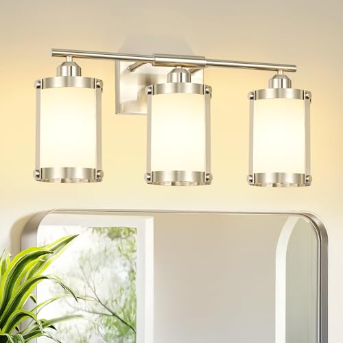 3-Light Brushed Nickel Bathroom Light Fixtures with Milk Frosted Glass, 21" Modern Bathroom Vanity Lighting Fixtures Over Mirror with Metal Cage, Wall Sconce Lights for Bath, E26, OS-3014BNW-3W - color: Nickel + Milk Glass, size: 3-Light, 21" L
