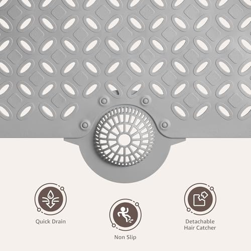 OTHWAY Bath Mat for Tub Non Slip: 39" X 17" Long Bathtub Mat with Hair Catcher│Big Drain Holes Shower Mats for Inside Shower│Machine Washable (Grey) - color: A Gray