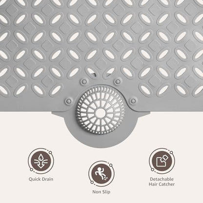 OTHWAY Bath Mat for Tub Non Slip: 39" X 17" Long Bathtub Mat with Hair Catcher│Big Drain Holes Shower Mats for Inside Shower│Machine Washable (Grey) - color: A Gray
