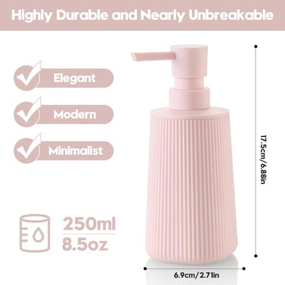YAUKPH Small Soap Dispenser for Bathroom and Kitchen Matte Pink for Girls | Modern Farmhouse Striped Style Plastic Hand Soap Dish Soap Dispenser with Pump - color: Light Pink