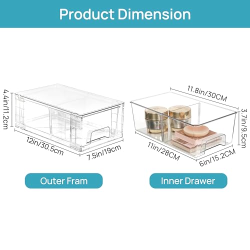 Vtopmart 2 Pack Stackable Clear Drawer with Dividers | Clear Drawer Organizers with Removable Dividers for Flexible storage. Stackable, Non-slip, for Fridge, Under Sink & Bthroom - size: 2Pack 4.4"H-with Dividers