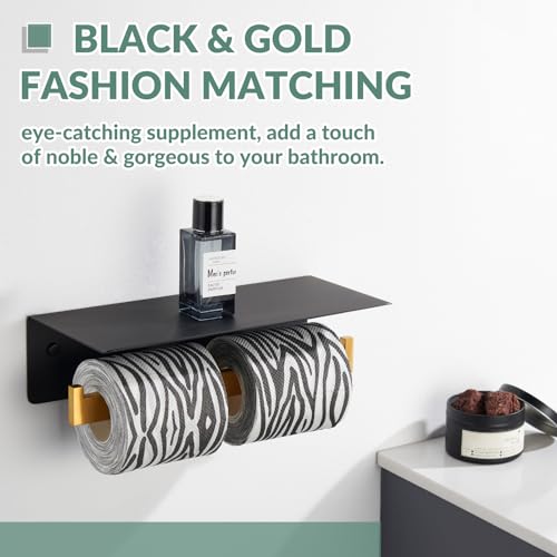 Double Toilet Paper Holder with Phone Shelf, 304 Stainless Steel Bathroom Tissue Hanger, Wall Mounted Dual Roll Paper Dispenser, Black & Gold - color: Black With Gold, size: Double Rod