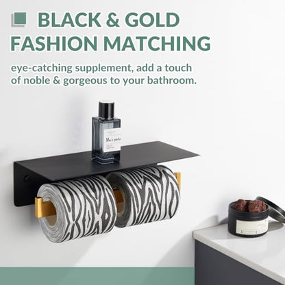Double Toilet Paper Holder with Phone Shelf, 304 Stainless Steel Bathroom Tissue Hanger, Wall Mounted Dual Roll Paper Dispenser, Black & Gold - color: Black With Gold, size: Double Rod
