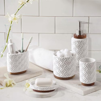 RQYIXI Elegant 5 PCS Ceramic&Wood Bathroom Accessories Set:Soap Dispenser,Toothbrush Holder,Tumbler,Soap Dish,Cotton Swab Jar,Easy to Clean,Quatrefoil Pattern,White-Affordable Home Luxury - color: White Set-5pcs