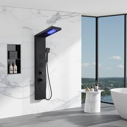 5-in-1 LED Shower Panel Tower System Stainless Steel Matte Black | Rainfall + waterfall heads | Body jets | Handheld shower | Tub spout | LED lights | Wall mount - color: Matte Black