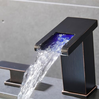 LED Bathroom Faucet 3 Hole, Oil Rubbed Bronze Waterfall Bathroom Faucets, 8 Inch Widespread Modern Bathroom Sink Faucet & Parts, Wide Spread Touch On Three Hole 2 Handle Bathroom Vanity Faucet - color: Oil Rubbed Bronze