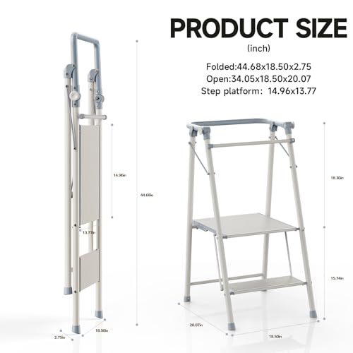 Foldable Toddler Tower, 2-in-1 Alloy Steel Kids Kitchen Step Stool & Adult 2-Step Ladder, Folding Kitchen Tower with Removable Safety Rail, Anti-Slip Steps for Kitchen & Bathroom - color: Cool Gray & Ivory