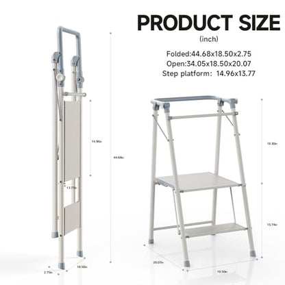 Foldable Toddler Tower, 2-in-1 Alloy Steel Kids Kitchen Step Stool & Adult 2-Step Ladder, Folding Kitchen Tower with Removable Safety Rail, Anti-Slip Steps for Kitchen & Bathroom - color: Cool Gray & Ivory