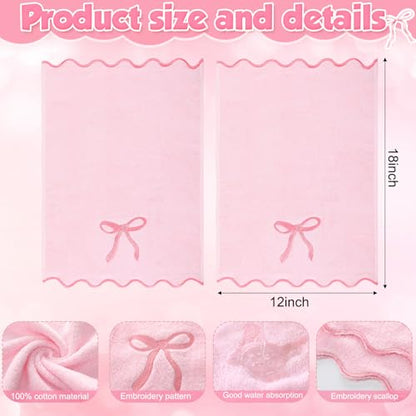 SmoothNovelty 2 Pcs Scalloped Pink Bow Fingertip Towels for Bathroom 12 x 18 Inch Small Fingertip Towels with Embroidery Coquette Bow 100% Cotton Soft Absorbent Guest and Housewarming Gift