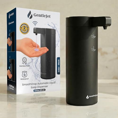 GentleJet SmoothDrop Automatic Liquid Soap Dispenser Touchless, No-Drip Precision Pump, USB-C Rechargeable, 304 Stainless Steel, Waterproof Countertop Dispenser for Kitchen & Bathroom Sink, 270 ml - color: Black