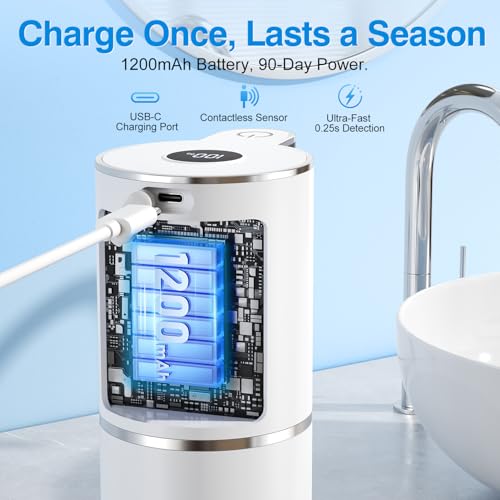 Fachixy Automatic Foaming Soap Dispenser Touchless, 6 Adjustable Level | 12.8oz/380mL, Up to 90 Days Battery Life, 6 Adjustable Level, Rechargeable, Wall Mountable IPX5 for Kitchen & Bathroom, White - color: White, style: Foam