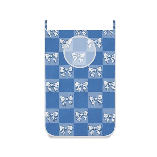1PC Hanging Laundry Hamper Bag Over the Door Laundry Hamper Wall Hamper Large Dirty Clothes Hamper with Stainless Steel Hooks 29.5x20Inch Blue Checkerboard Bow Tie - color: Blue Checkerboard Bow Tie, size: 1 PC