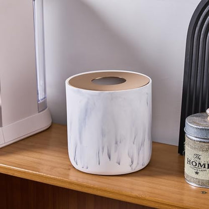 White Marble Textural Mini Trash Can with Rose Gold Stainless Steel Lid, Small Countertop Trash Can for Bathroom Kitchen,Desk Trash Can,Table top Mini Garbage Cans,Resin Tiny Waste Basket for Vanity - color: Marble White