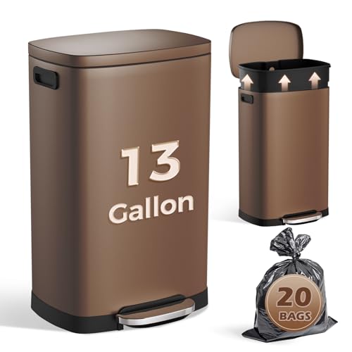 ELPHECO Kitchen Trash Can with Lid 13 Gal Stainless Steel Pedal Garbage Can | Soft Close Lid, Pedal, Heavy-Duty Fingerprint Proof Step Wastebasket with 20 Bags, Removable Bucket, Home Office, Brown - color: Brown