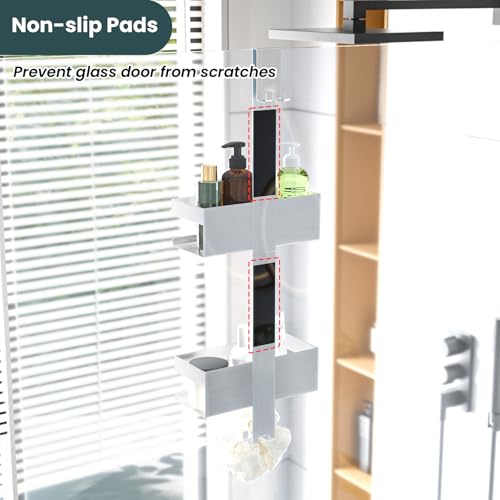 Over Door Shower Caddy Hanging - Rustproof Bathroom Organizer Over The Glass Door - No Drilling 2 Tier Bathroom Shower Rack for Inside