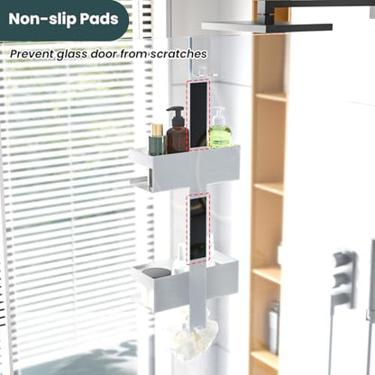 Over Door Shower Caddy Hanging - Rustproof Bathroom Organizer Over The Glass Door - No Drilling 2 Tier Bathroom Shower Rack for Inside