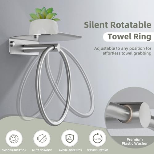 Hand Towel Ring with Shelf, Brushed Nickel, 304 Stainless Steel | 8.07-Inch Storage Surface, Rear Retaining Lip, 180° Rotation, Toiletry Storage, Concealed Screw Mounting, Bathroom Remodels - color: Brushed Nickel