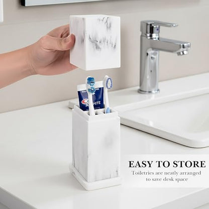 Linkidea Countertop Manual Toothbrush Holder with Lid, 3 Slots Brush and Toothpaste Stand for Bathroom, Dustproof Resin Organizer Compatible with Oral-B, Colgate, Reach Toothbrush (White)